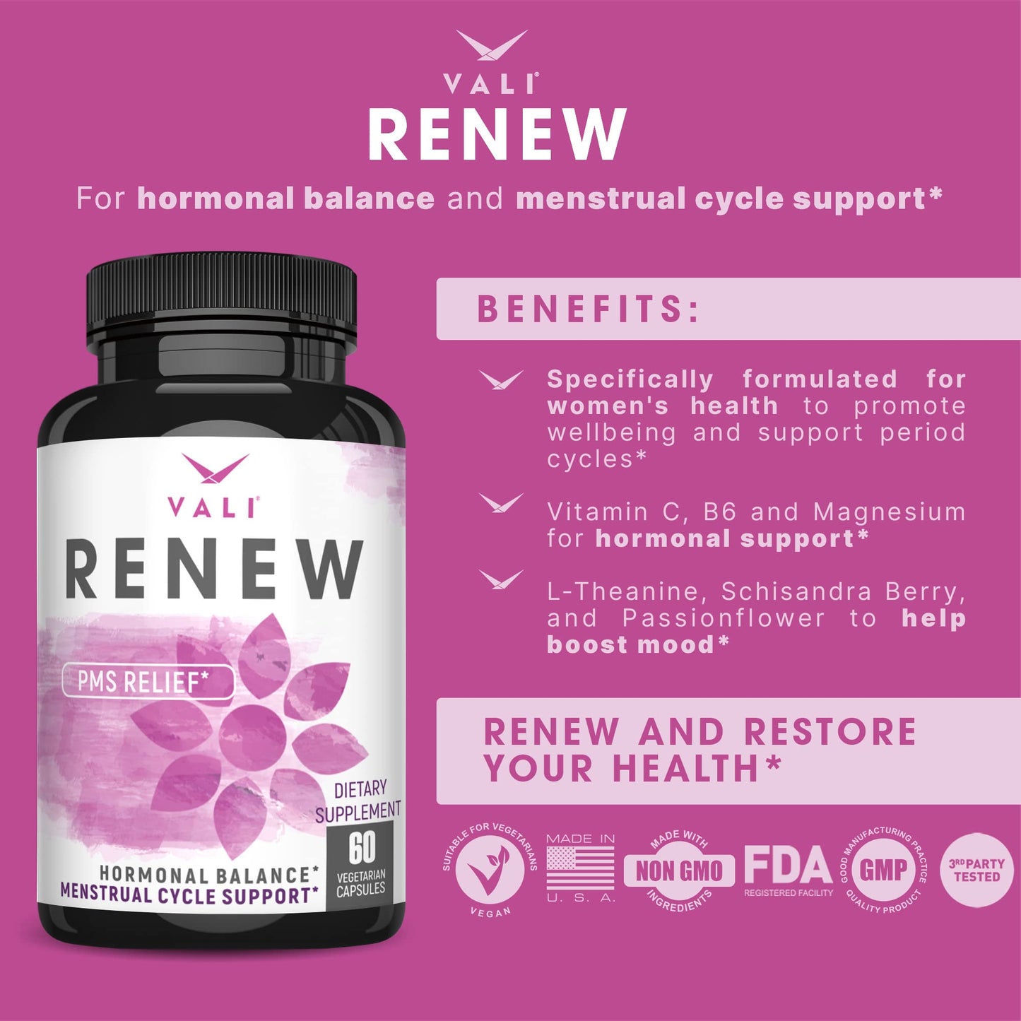 VALI Renew PMS Relief Supplement. Women’s Menstrual Cycle Support. Herbal Formula - Maple Wellness Supplements
