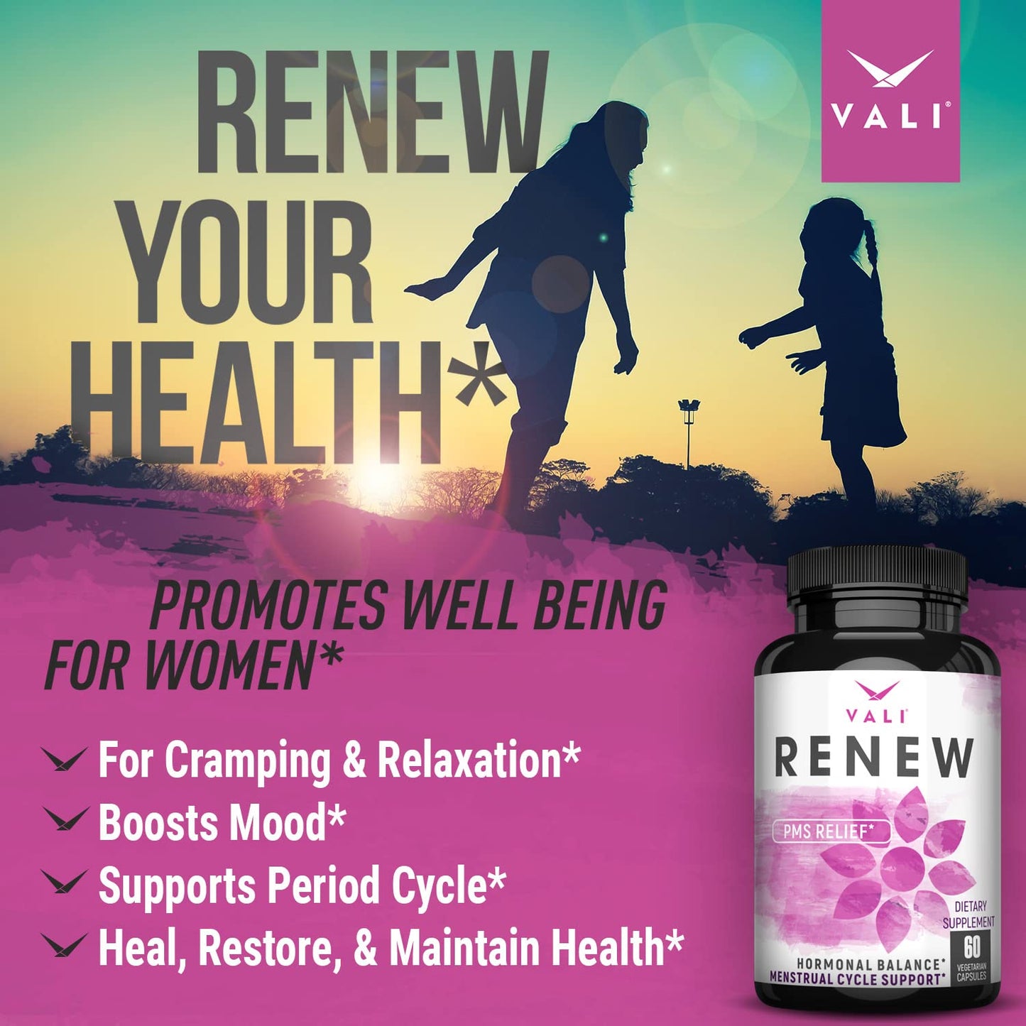 VALI Renew PMS Relief Supplement. Women’s Menstrual Cycle Support. Herbal Formula - Maple Wellness Supplements
