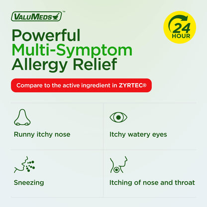 ValuMeds 24-Hour Allergy Medicine Antihistamine for Pollen, Hay Fever, Dry, Itchy Eyes, Allergies | Cetirizine HCl 10mg Caplets, Compare to Leading Brand (300 Count) - Maple Wellness Supplements
