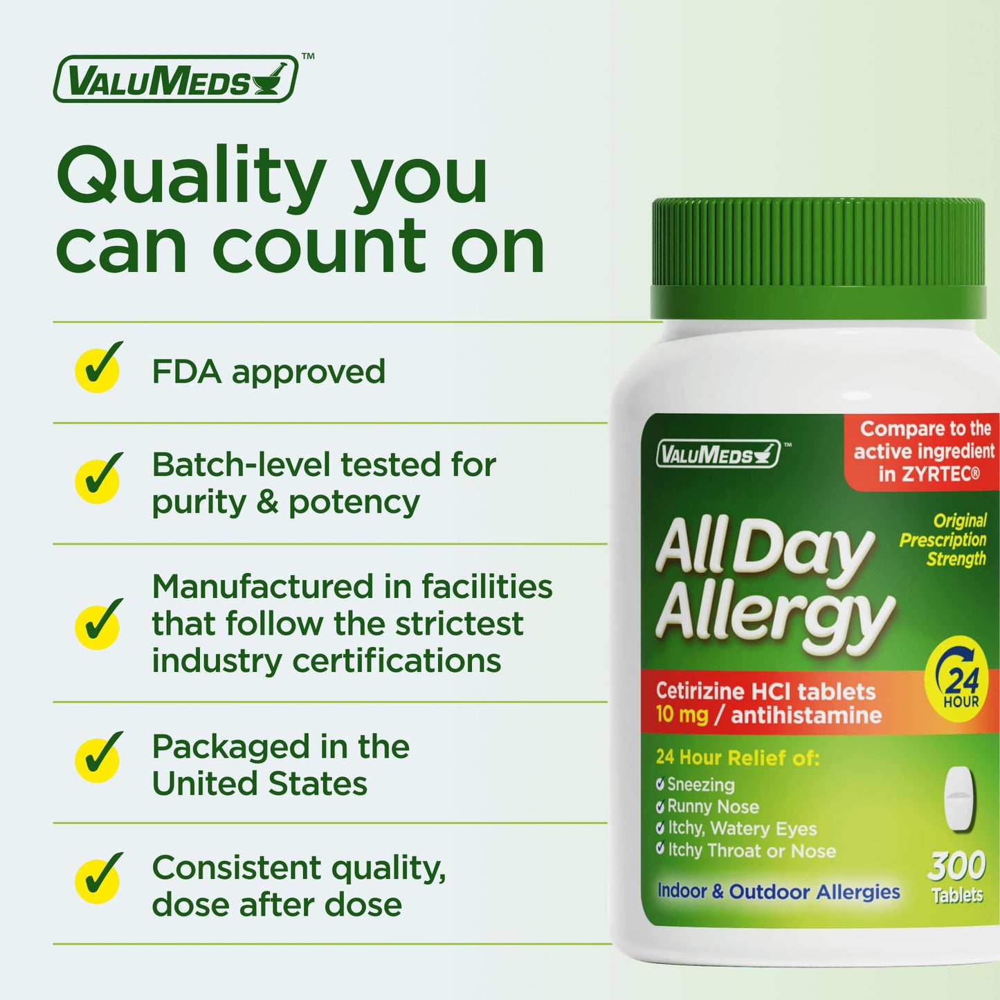 ValuMeds 24-Hour Allergy Medicine Antihistamine for Pollen, Hay Fever, Dry, Itchy Eyes, Allergies | Cetirizine HCl 10mg Caplets, Compare to Leading Brand (300 Count) - Maple Wellness Supplements