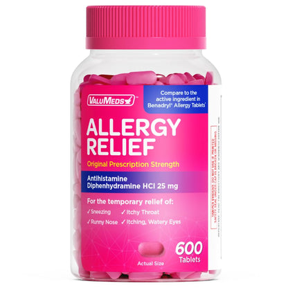 ValuMeds Allergy Medicine Antihistamine, Diphenhydramine HCl 25 mg | Children and Adults | Relieve Itchy Eyes, Runny Nose, Sneezing (25 mg, 600 Count) - Maple Wellness Supplements
