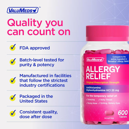 ValuMeds Allergy Medicine Antihistamine, Diphenhydramine HCl 25 mg | Children and Adults | Relieve Itchy Eyes, Runny Nose, Sneezing (25 mg, 600 Count) - Maple Wellness Supplements