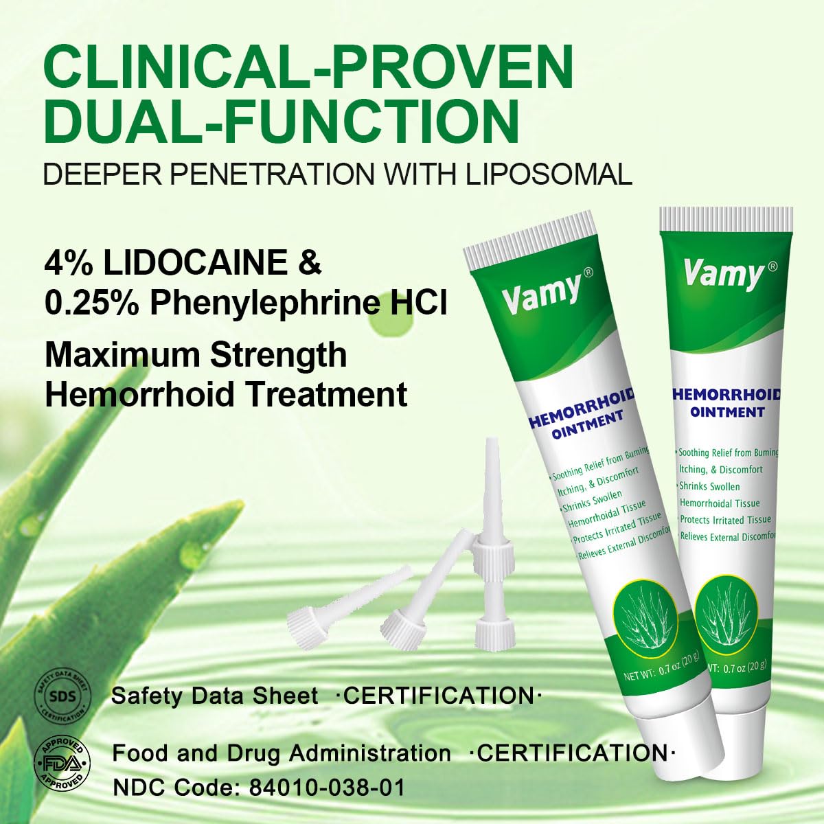 vamy Hemorrhoid Ointment (2 x 20g Tubes), 40g - Maximum Strength Formula for Hemorrhoidal Fast Relief, Soothes Itching, Burning & Discomfort - Maple Wellness Supplements