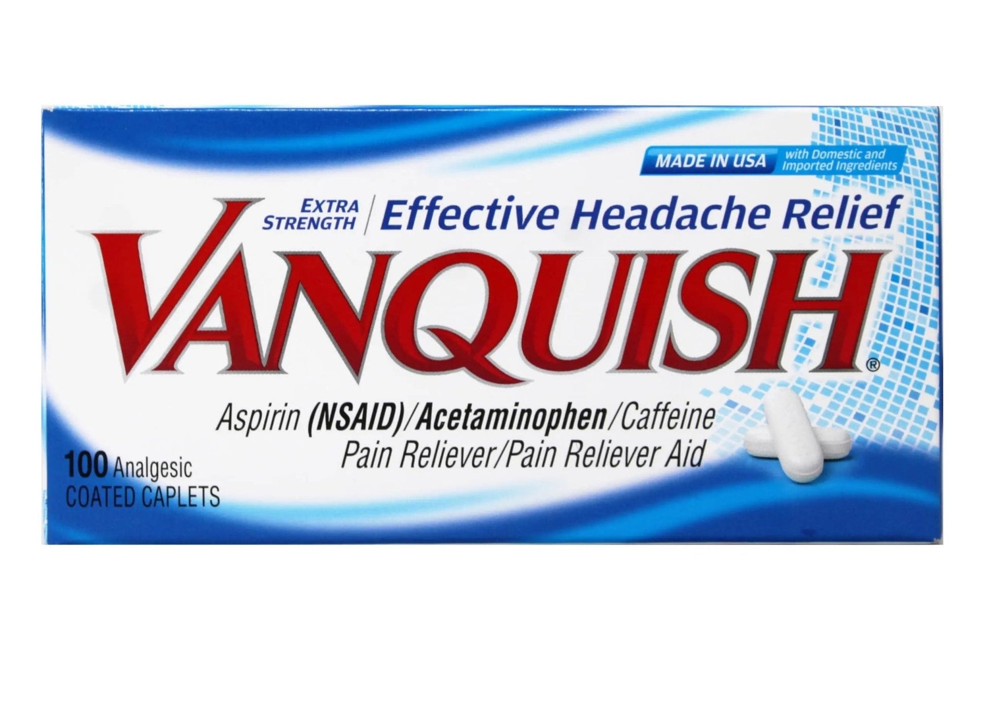 Vanquish Effective Headache Relief – Aspirin (NSAID), Acetaminophen, Caffeine, 100 Analgesic Coated Caplets - 3 Pack - Maple Wellness Supplements