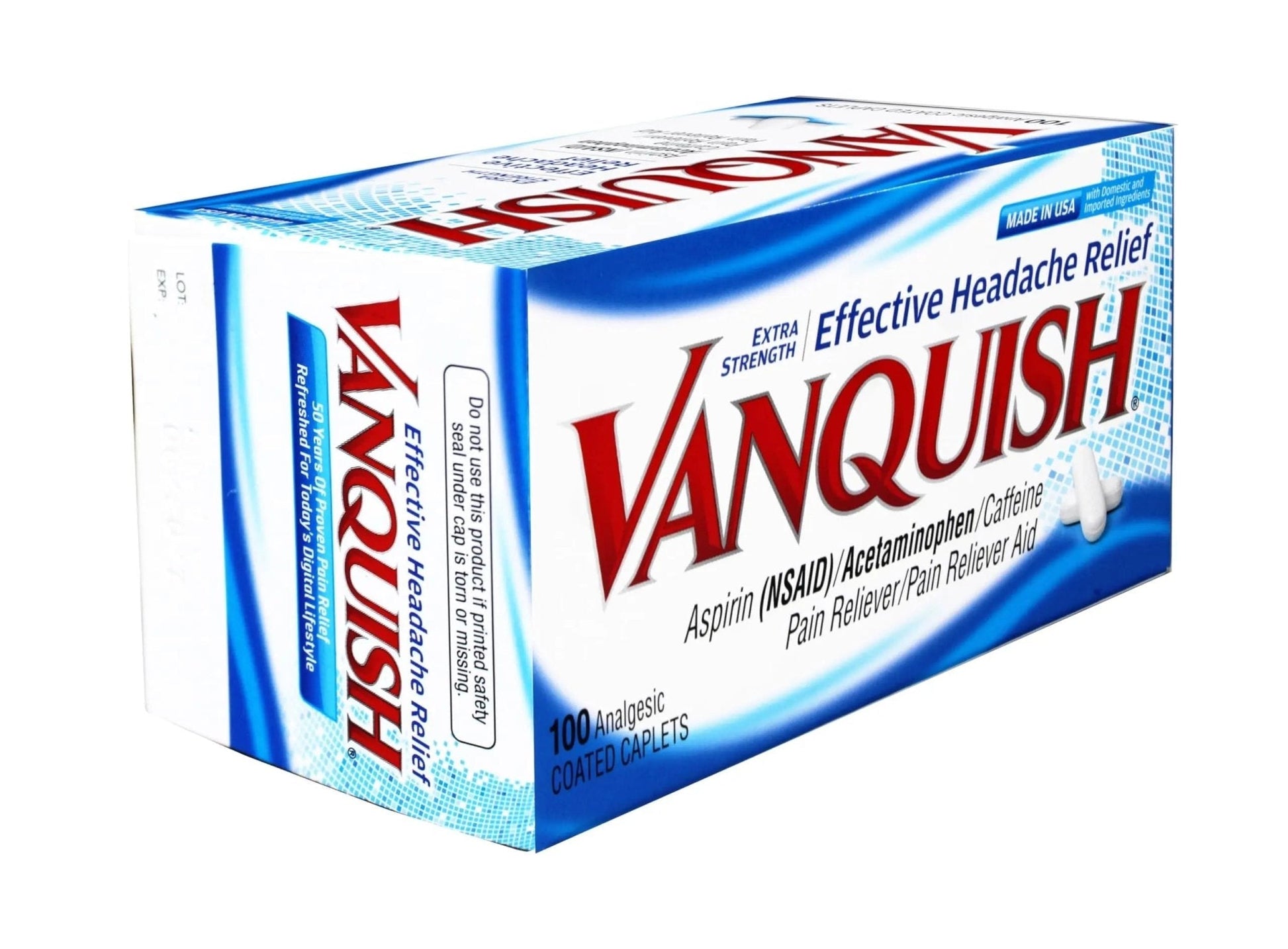 Vanquish Effective Headache Relief – Aspirin (NSAID), Acetaminophen, Caffeine, 100 Analgesic Coated Caplets - 3 Pack - Maple Wellness Supplements