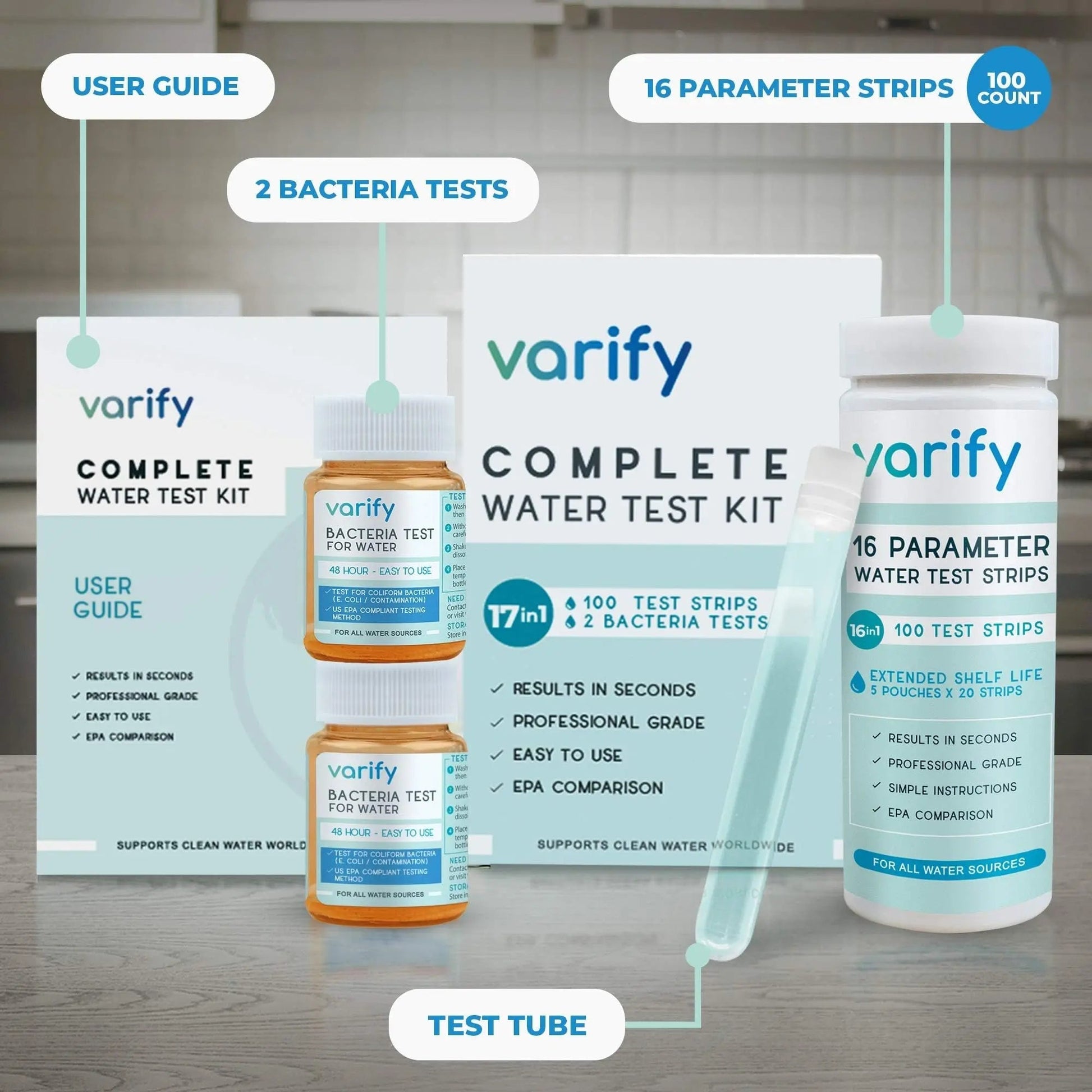 Varify 17in1 Complete Drinking Water Test Kit - 100 Strips + 2 Bacteria Tester Kits - Well, Tap, Home, City Water Testing Strip for Lead, Alkaline, Chlorine, Hardness, Iron, Fluoride, Copper & More - Maple Wellness Supplements