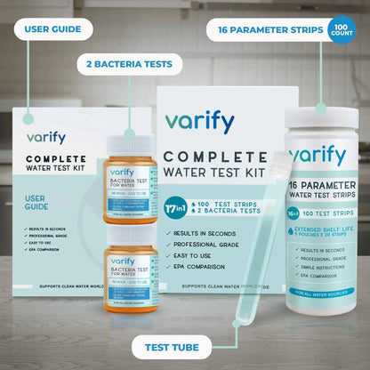 Varify 17in1 Complete Drinking Water Test Kit - 100 Strips + 2 Bacteria Tester Kits - Well, Tap, Home, City Water Testing Strip for Lead, Alkaline, Chlorine, Hardness, Iron, Fluoride, Copper & More - Maple Wellness Supplements