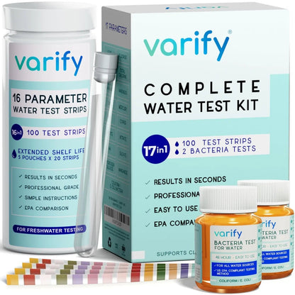 Varify 17in1 Complete Drinking Water Test Kit - 100 Strips + 2 Bacteria Tester Kits - Well, Tap, Home, City Water Testing Strip for Lead, Alkaline, Chlorine, Hardness, Iron, Fluoride, Copper & More - Maple Wellness Supplements