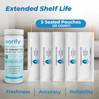 Varify 17in1 Complete Drinking Water Test Kit - 100 Strips + 2 Bacteria Tester Kits - Well, Tap, Home, City Water Testing Strip for Lead, Alkaline, Chlorine, Hardness, Iron, Fluoride, Copper & More - Maple Wellness Supplements