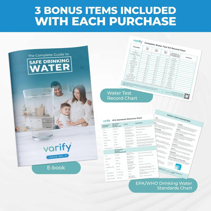Varify 17in1 Complete Drinking Water Test Kit - 100 Strips + 2 Bacteria Tester Kits - Well, Tap, Home, City Water Testing Strip for Lead, Alkaline, Chlorine, Hardness, Iron, Fluoride, Copper & More - Maple Wellness Supplements