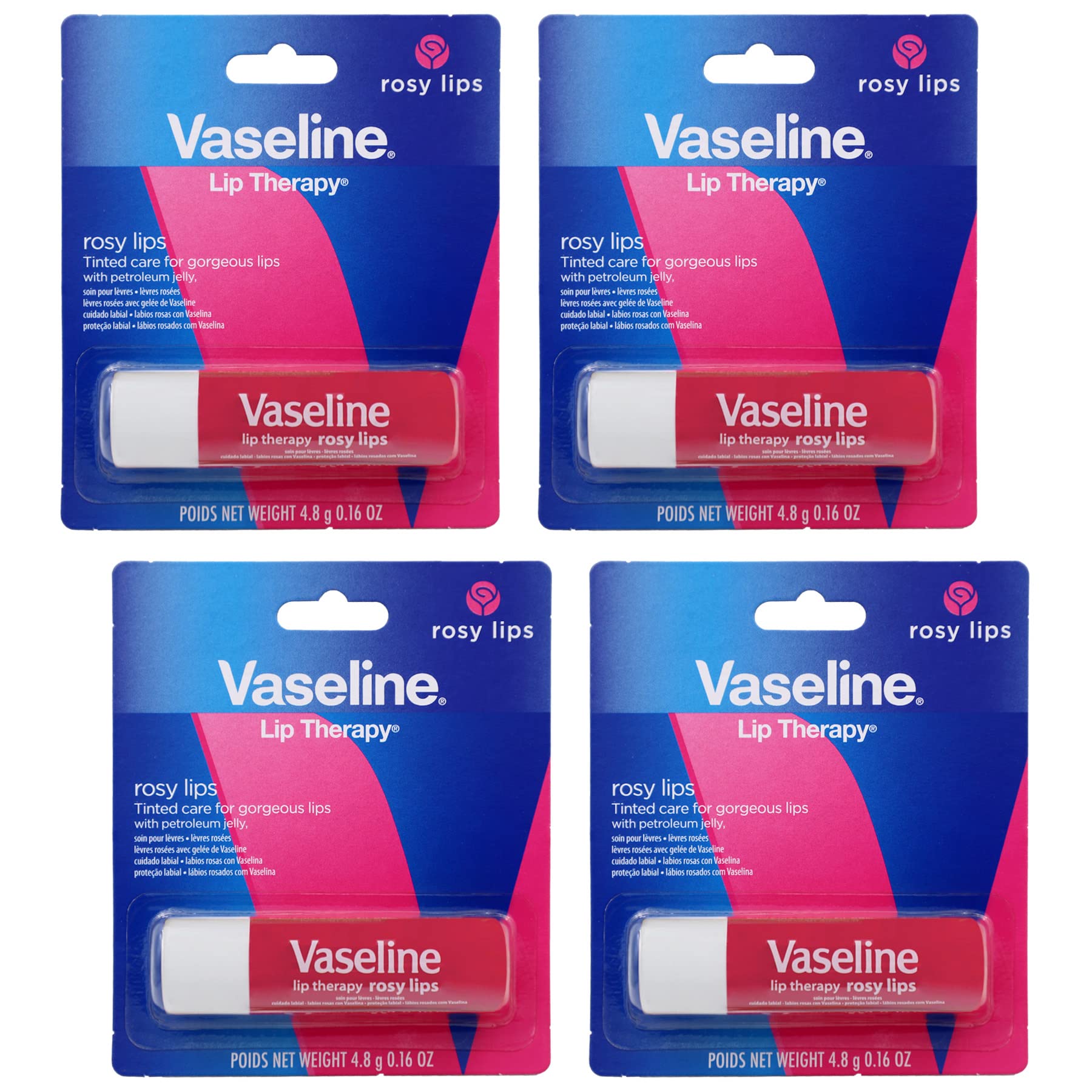Vaseline Lip Therapy Care Rosy, Fast-Acting Nourishment, Ideal for Chapped, Dry, Cracked, or Damaged Lips, Lip Balm, 4-Pack, 0.16 Oz Each - Maple Wellness Supplements