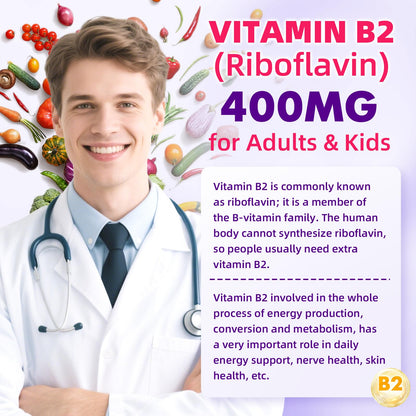 VCCHUYH Vitamin B2 Gummies for Kids & Adults, VIT B2 Riboflavin 400mg Supplement with Magnesium for Migraine Relief & Nervous System Support, Non-GMO - Maple Wellness Supplements