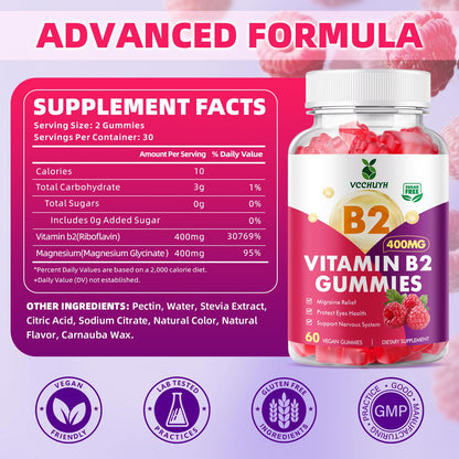 VCCHUYH Vitamin B2 Gummies for Kids & Adults, VIT B2 Riboflavin 400mg Supplement with Magnesium for Migraine Relief & Nervous System Support, Non-GMO - Maple Wellness Supplements