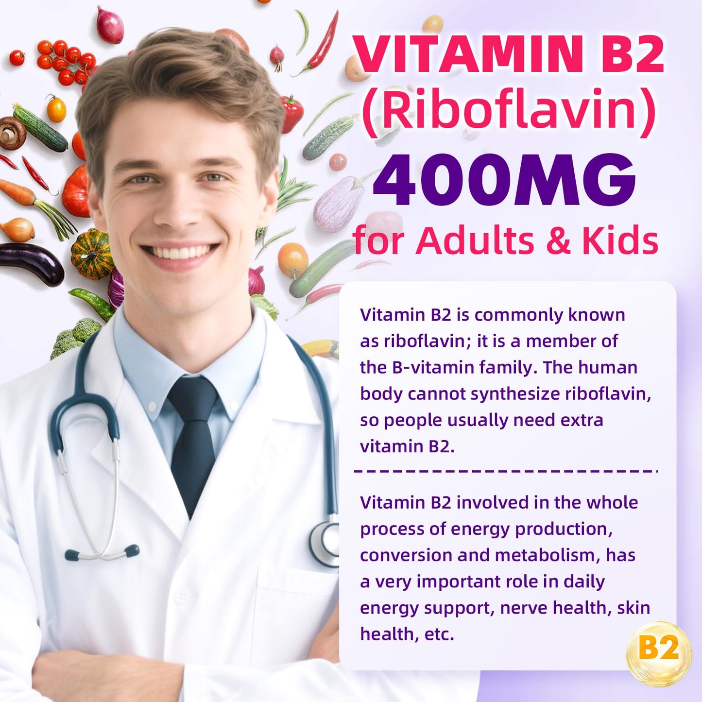 VCCHUYH Vitamin B2 Gummies for Kids & Adults, VIT B2 Riboflavin 400mg Supplement with Magnesium for Migraine Relief & Nervous System Support, Non-GMO, - Maple Wellness Supplements