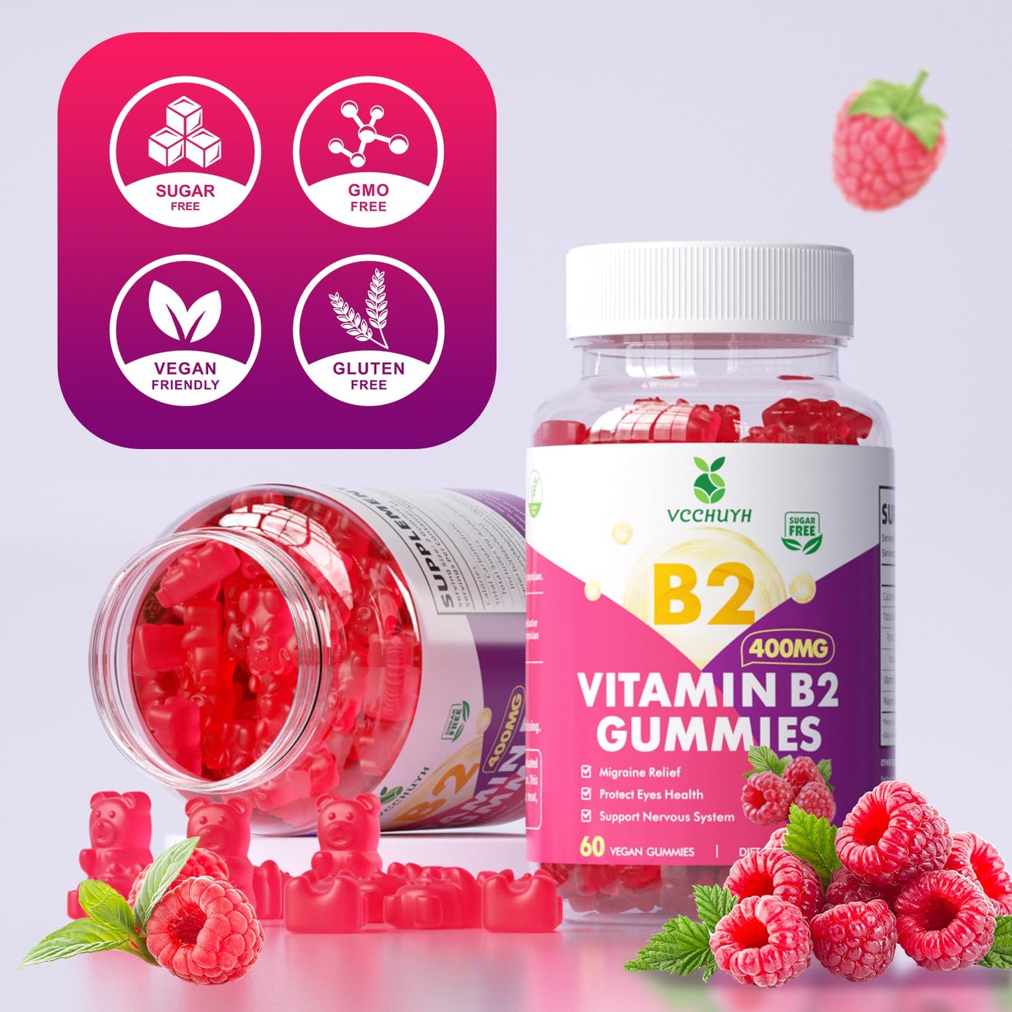 VCCHUYH Vitamin B2 Gummies for Kids & Adults, VIT B2 Riboflavin 400mg Supplement with Magnesium for Migraine Relief & Nervous System Support, Non-GMO, - Maple Wellness Supplements
