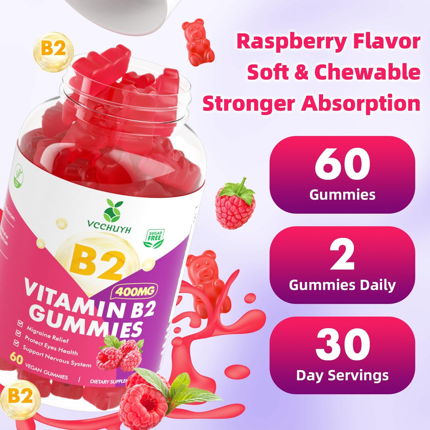 VCCHUYH Vitamin B2 Gummies for Kids & Adults, VIT B2 Riboflavin 400mg Supplement with Magnesium for Migraine Relief & Nervous System Support, Non-GMO - Maple Wellness Supplements