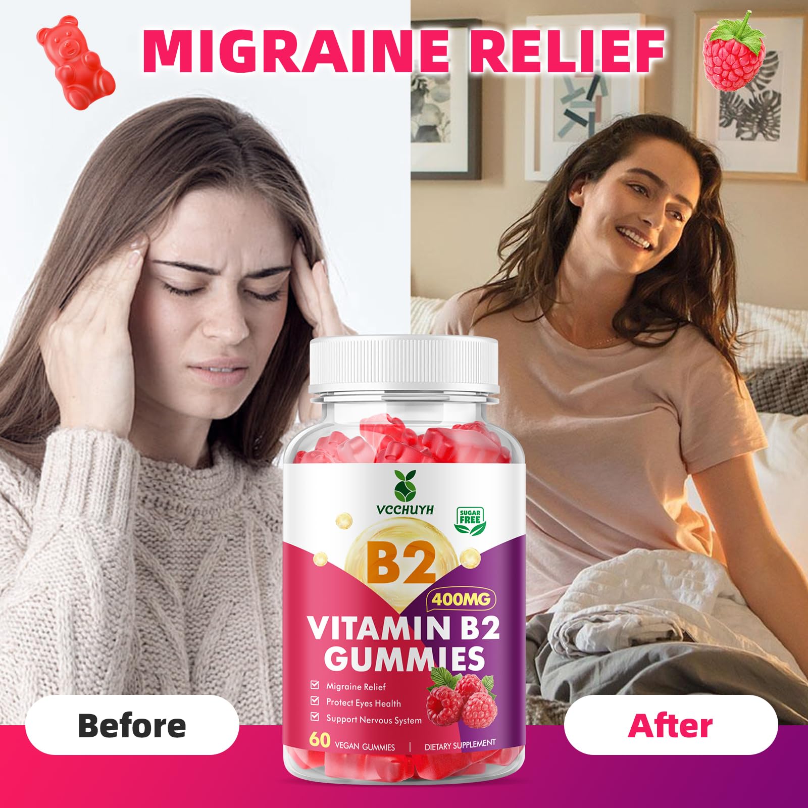 VCCHUYH Vitamin B2 Gummies for Kids & Adults, VIT B2 Riboflavin 400mg Supplement with Magnesium for Migraine Relief & Nervous System Support, Non-GMO, - Maple Wellness Supplements