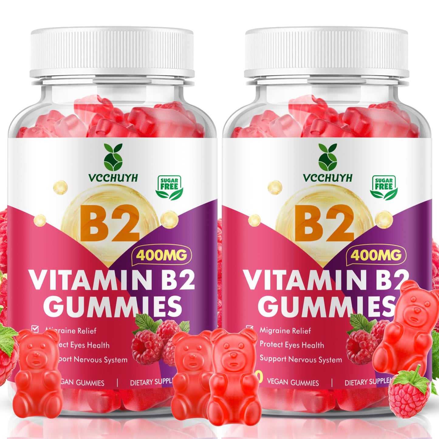 VCCHUYH Vitamin B2 Gummies for Kids & Adults, VIT B2 Riboflavin 400mg Supplement with Magnesium for Migraine Relief & Nervous System Support, Non-GMO - Maple Wellness Supplements