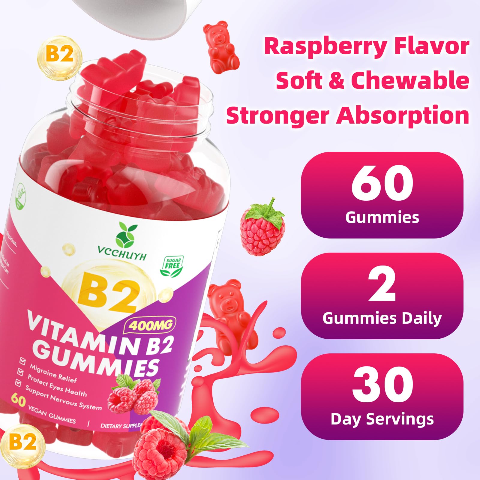 VCCHUYH Vitamin B2 Gummies for Kids & Adults, VIT B2 Riboflavin 400mg Supplement with Magnesium for Migraine Relief & Nervous System Support, Non-GMO, - Maple Wellness Supplements