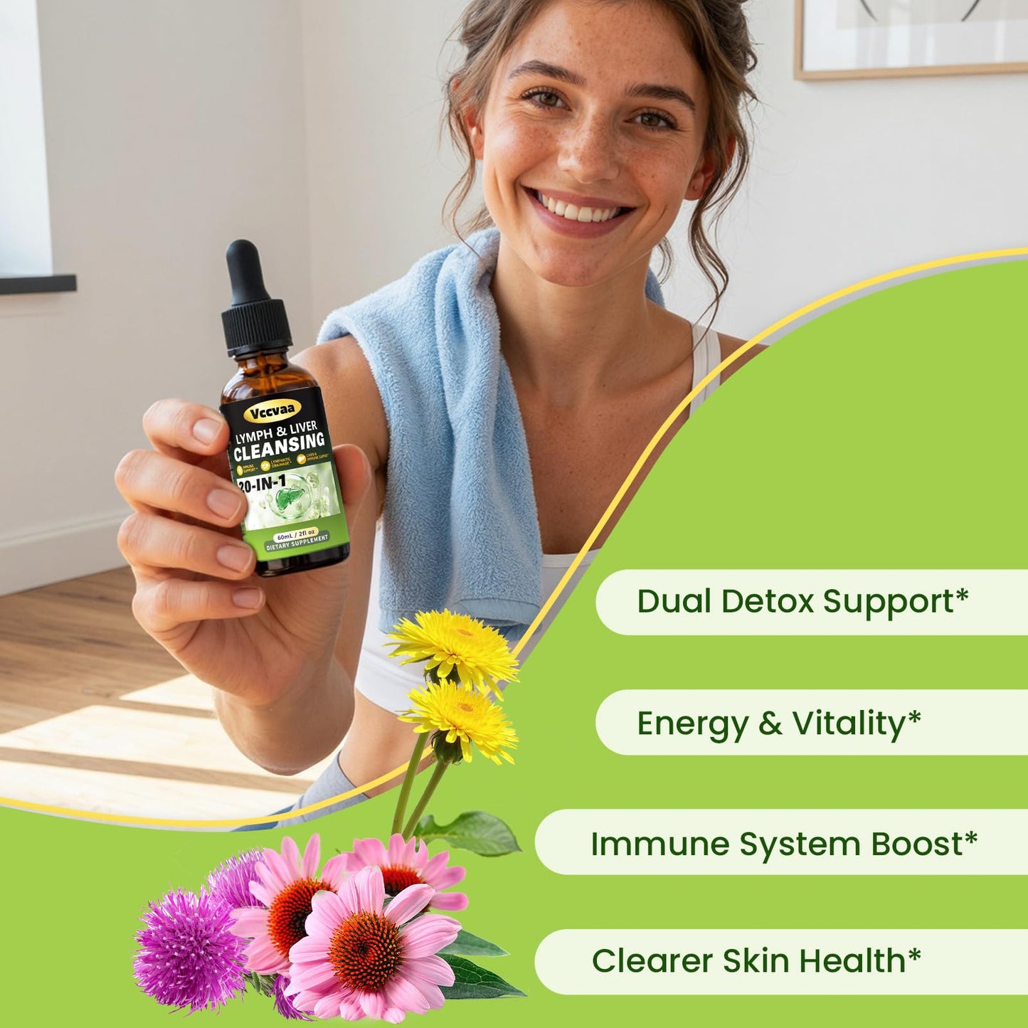 Vccvaa Lymph & Liver Cleanse - 20-in-1 Lymphatic Drainage & Liver Detox Supplement with Milk Thistle, Echinacea, Fucoxanthin - 60mL Liquid Formula for Immune & Digestive Support - Maple Wellness Supplements