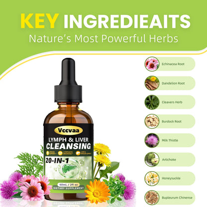 Vccvaa Lymph & Liver Cleanse - 20-in-1 Lymphatic Drainage & Liver Detox Supplement with Milk Thistle, Echinacea, Fucoxanthin - 60mL Liquid Formula for Immune & Digestive Support - Maple Wellness Supplements