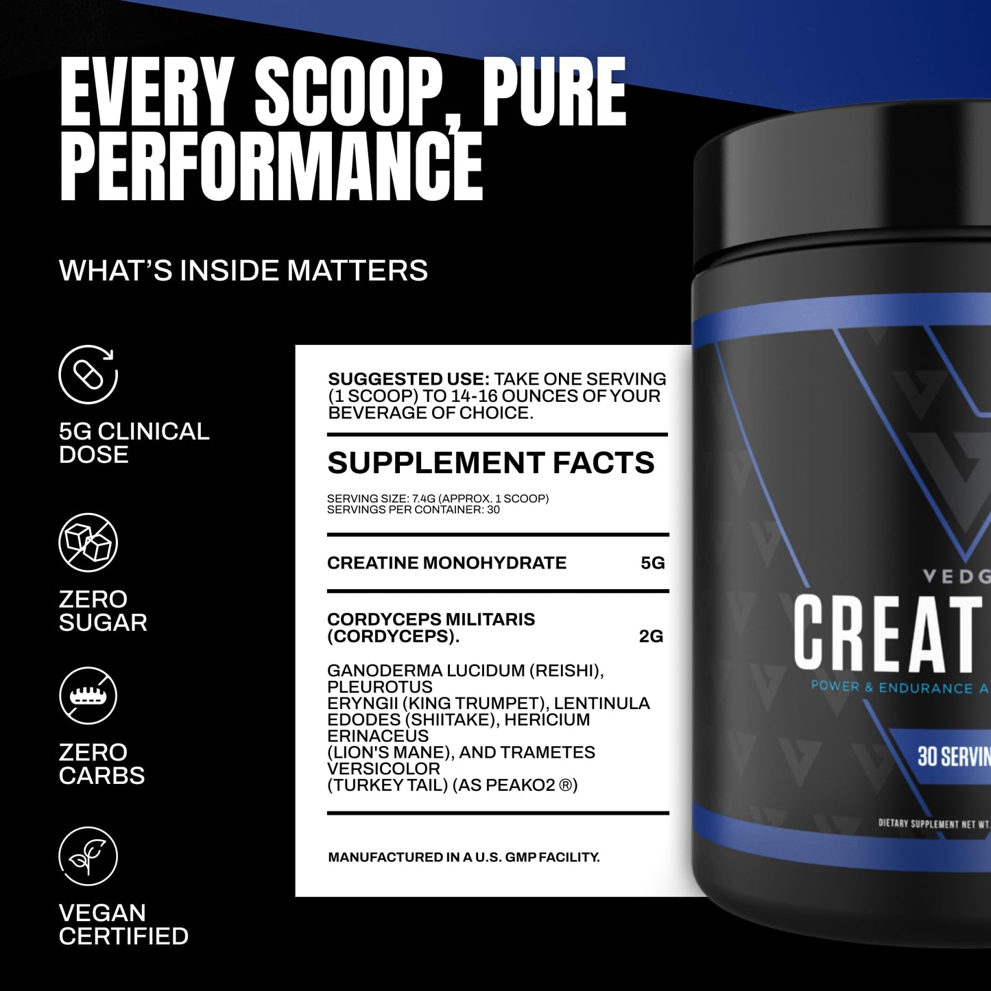 VEDGE Nutrition Creatine + | Vegan Plant-Based Creatine Monohydrate Powder | Energy, Performance & Function | Ergogenic Aids for Athletes | Unflavored, 30 Servings - Maple Wellness Supplements