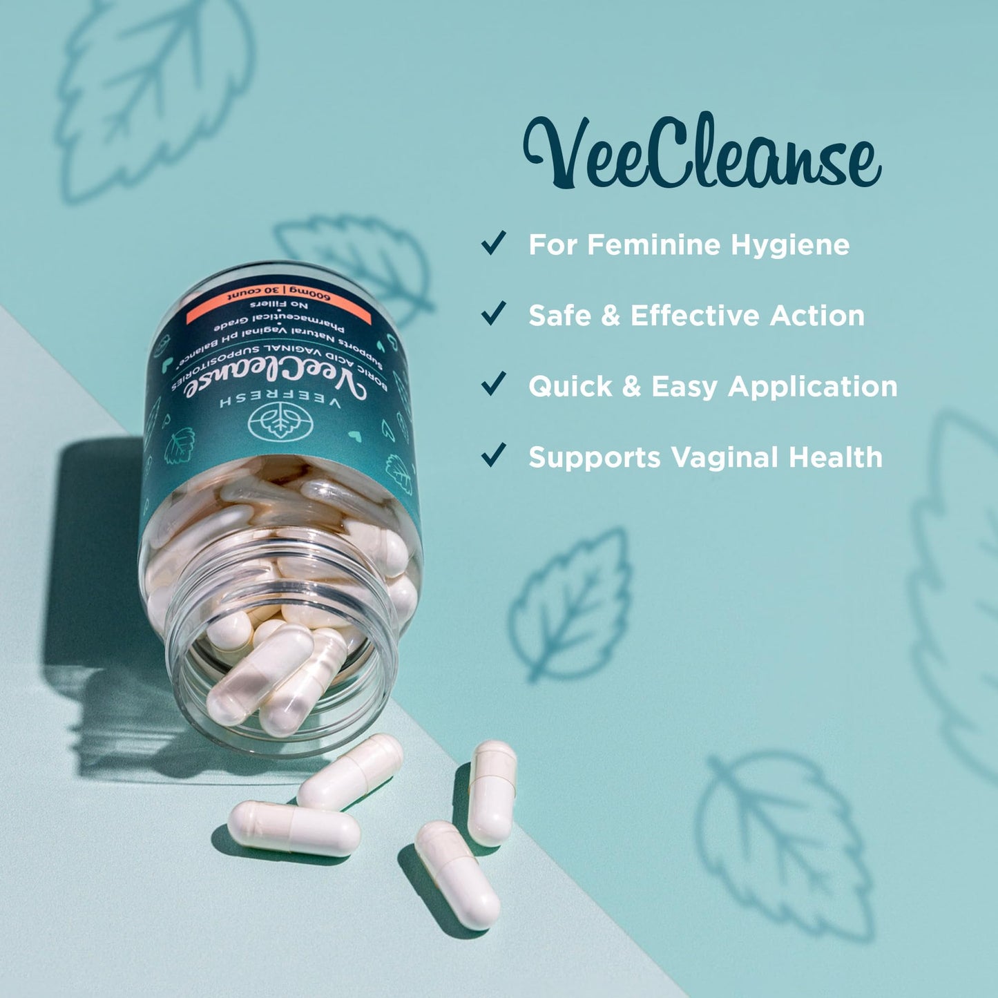 VeeFresh - VeeCleanse Boric Acid Vaginal Suppositories - Vaginal pH Balance Suppositories - Vaginal Odor Control - Feel Fresh, Feminine and Confident - Maple Wellness Supplements