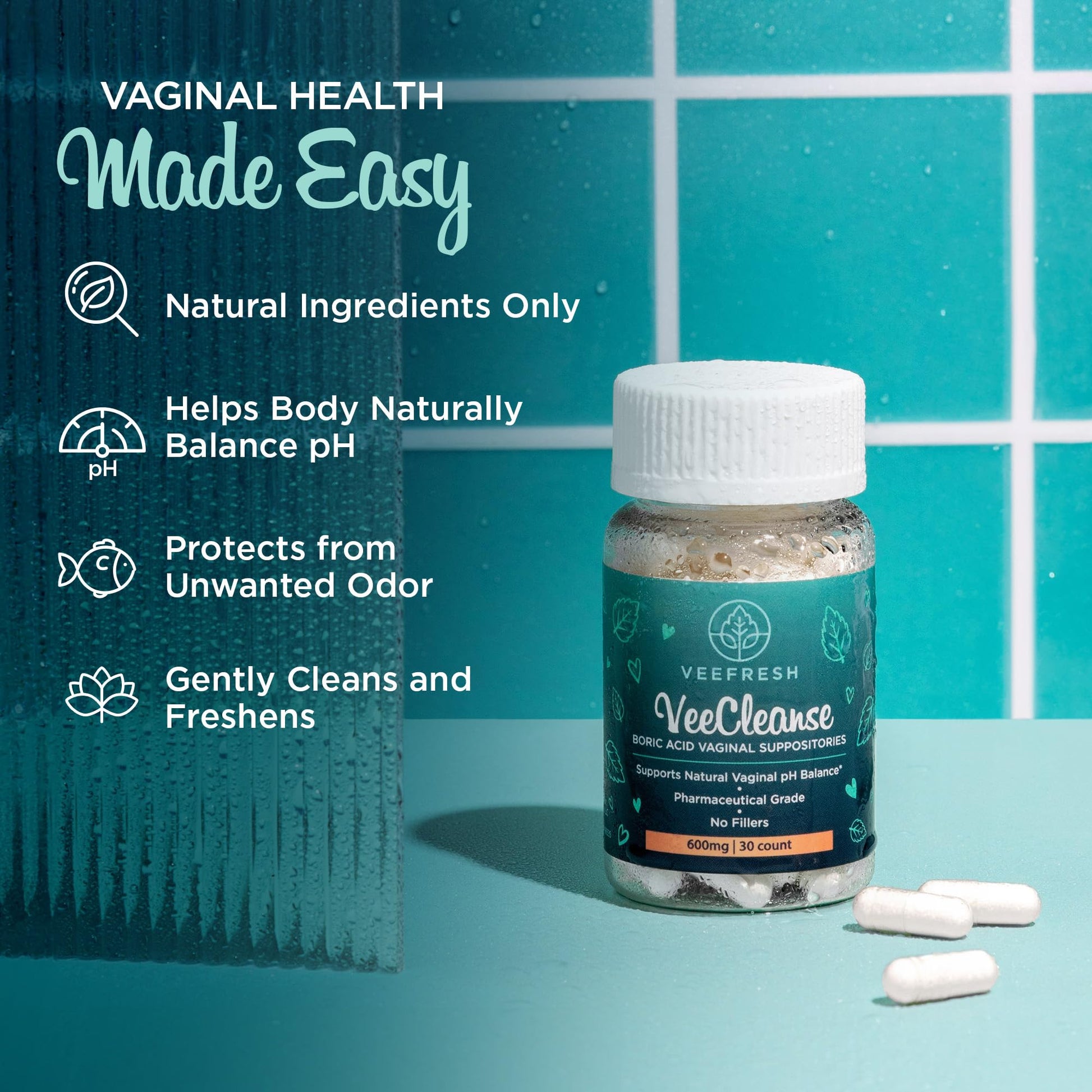 VeeFresh - VeeCleanse Boric Acid Vaginal Suppositories - Vaginal pH Balance Suppositories - Vaginal Odor Control - Feel Fresh, Feminine and Confident - Maple Wellness Supplements