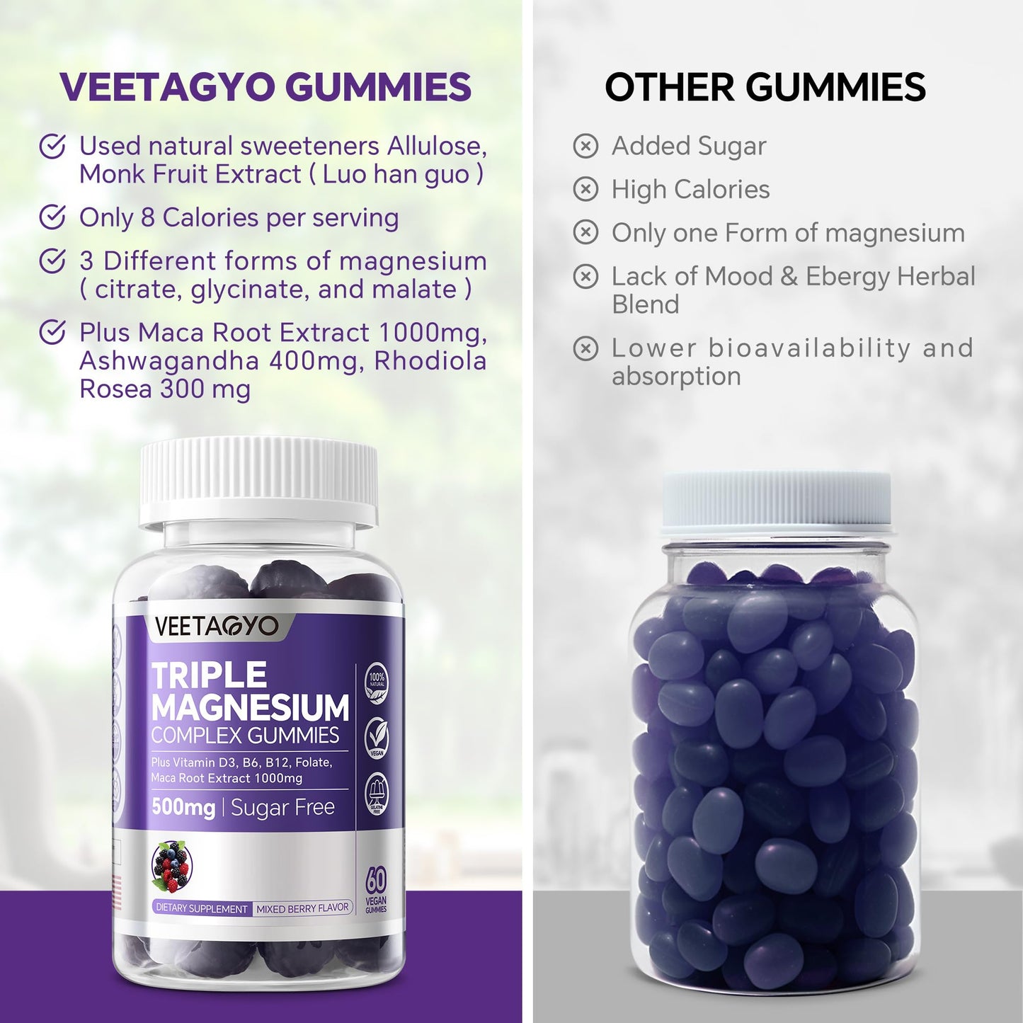 VEETAGYO Magnesium Gummies 500mg 400mg | High Absorption, Bone, Nerves, Muscle | 3 Forms of Magnesium Complex Supplement Glycinate,Taurate,Malate - Maple Wellness Supplements