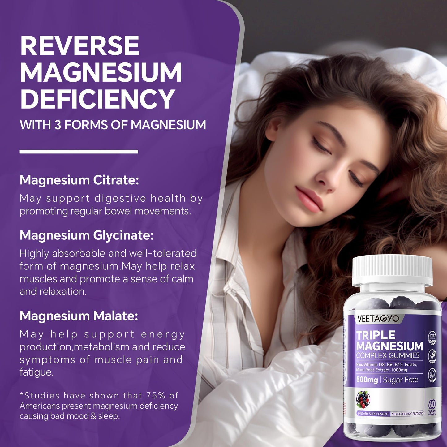 VEETAGYO Magnesium Gummies 500mg 400mg | High Absorption, Bone, Nerves, Muscle | 3 Forms of Magnesium Complex Supplement Glycinate,Taurate,Malate - Maple Wellness Supplements