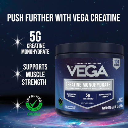 Vega Creatine Monohydrate Micronized Powder, Pure Unflavored, 100 Servings, 5000mg Per Serving, 17.6 oz - Maple Wellness Supplements