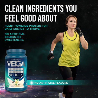 Vega Premium Protein + Supergreens, Creamy Vanilla – 20g Vegan Protein, Dairy & Gluten Free, 26.9 oz (25 Servings) - Maple Wellness Supplements