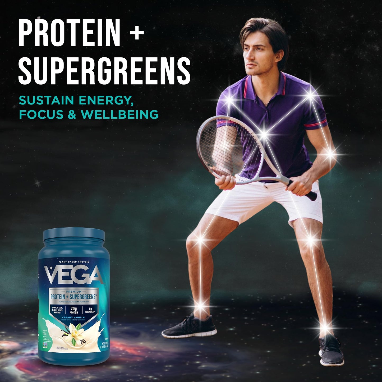 Vega Premium Protein + Supergreens, Creamy Vanilla – 20g Vegan Protein, Dairy & Gluten Free, 26.9 oz (25 Servings) - Maple Wellness Supplements