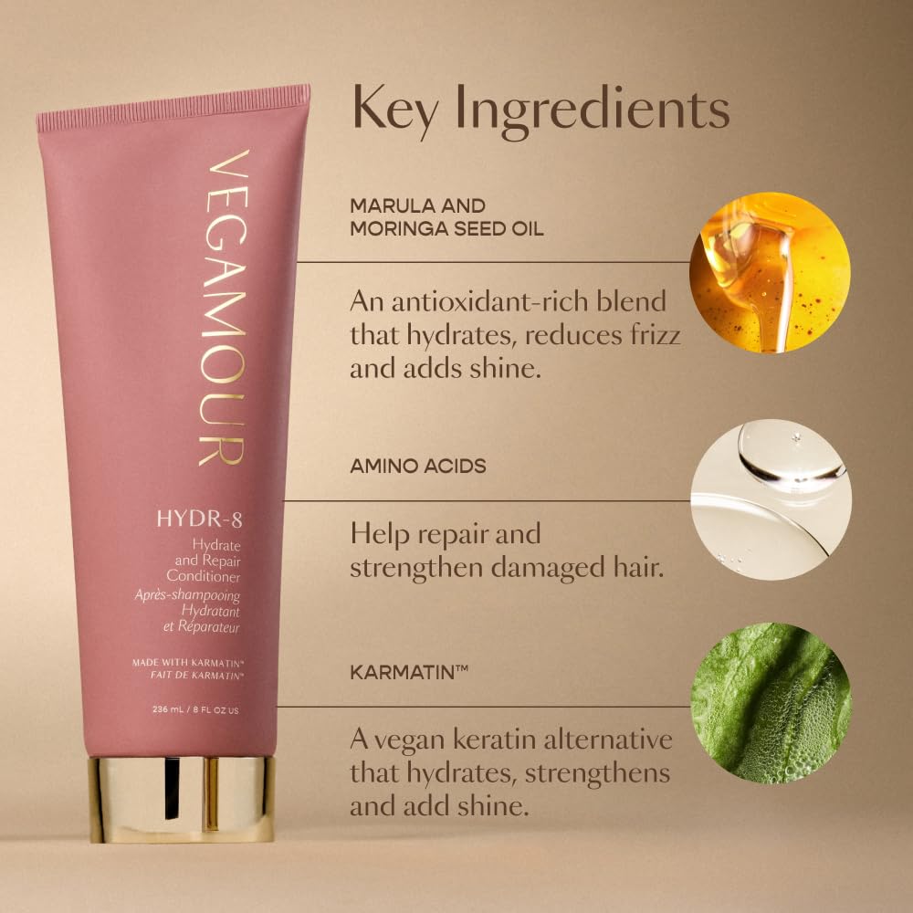 VEGAMOUR HYDR-8 Hydrate and Repair Conditioner - Hydrating Conditioner with Marula Oil, Moringa Oil, Ceramides & Biotin, Natural Conditioner for Dry Hair - Maple Wellness Supplements