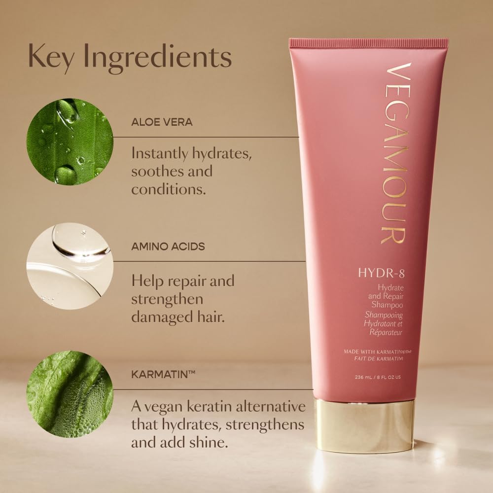 VEGAMOUR HYDR-8 Hydrate and Repair Shampoo and Conditioner Kit | Cleanses and Strengthens Dry, Damaged Hair with Amino Acids and Karmatin™ | Clean, Vegan, Cruelty-Free, Clinically Proven, Color Safe - Maple Wellness Supplements
