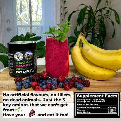 Vegan Brain & Body Boost: The Cherry On Top of A Plant-Based Lifestyle | Working Intelligence | Anti-Aging | Physical Fitness | Vegan Amino Acids - Creatine, Taurine & Beta Alanine | 40 Servings/300g - Maple Wellness Supplements