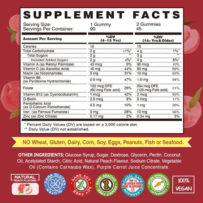 Vegan Iron Gummies Supplement - with Vitamin C, A, B-Complex, Folate, Zinc for Adults & Kids - Health Blood & Energy Support for Iron Deficiency, - Maple Wellness Supplements