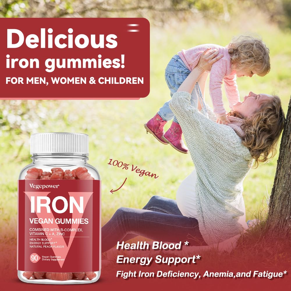 Vegan Iron Gummies Supplement - with Vitamin C, A, B-Complex, Folate, Zinc for Adults & Kids - Health Blood & Energy Support for Iron Deficiency, - Maple Wellness Supplements