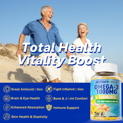 Vegan Omega-3 Gummies 1000mg + Turmeric - Omega 3 Fish Oil Alternative for Adults - Algae DHA 600mg & EPA 300mg - Maple Wellness Supplements