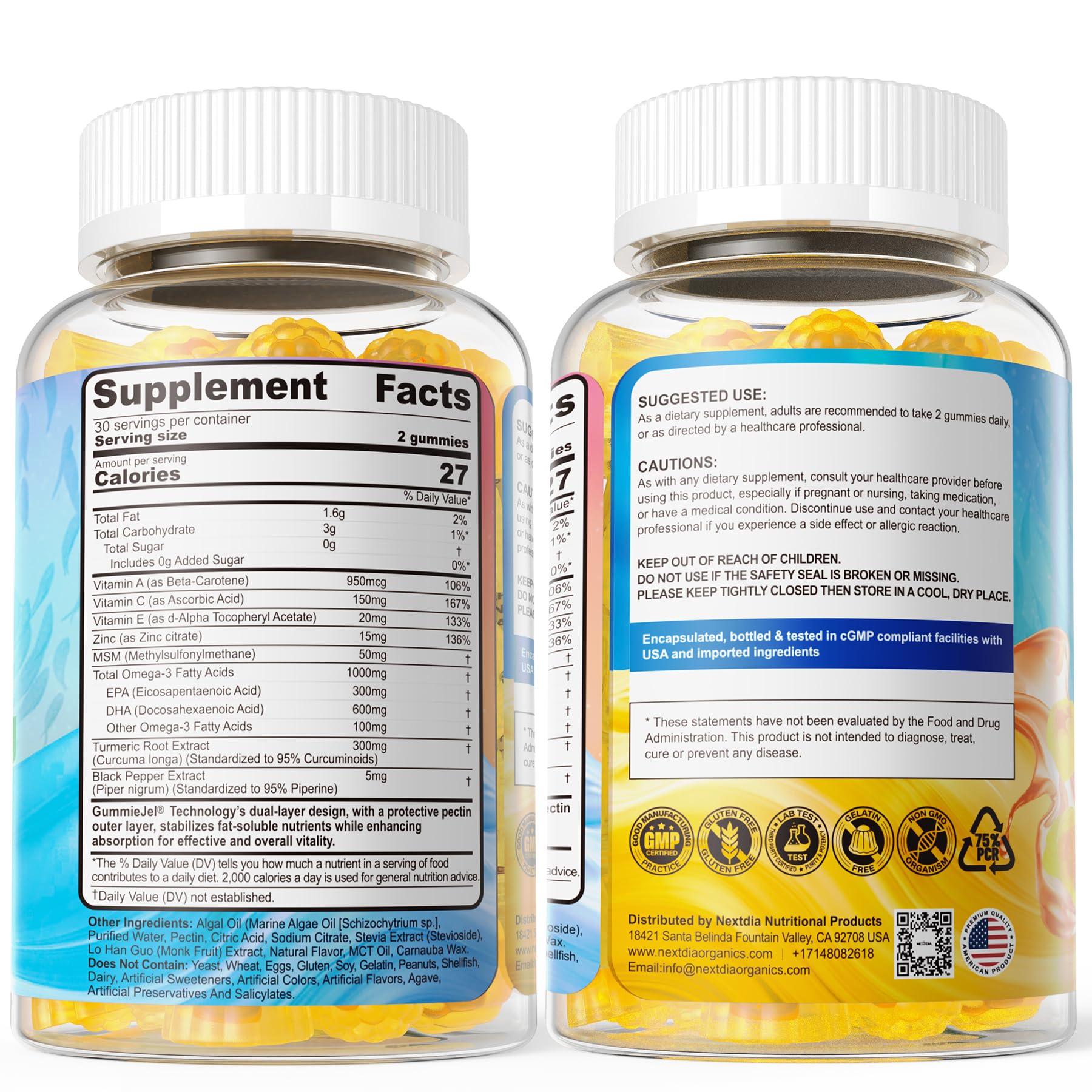 Vegan Omega-3 Gummies 1000mg + Turmeric - Omega 3 Fish Oil Alternative for Adults - Algae DHA 600mg & EPA 300mg - Maple Wellness Supplements