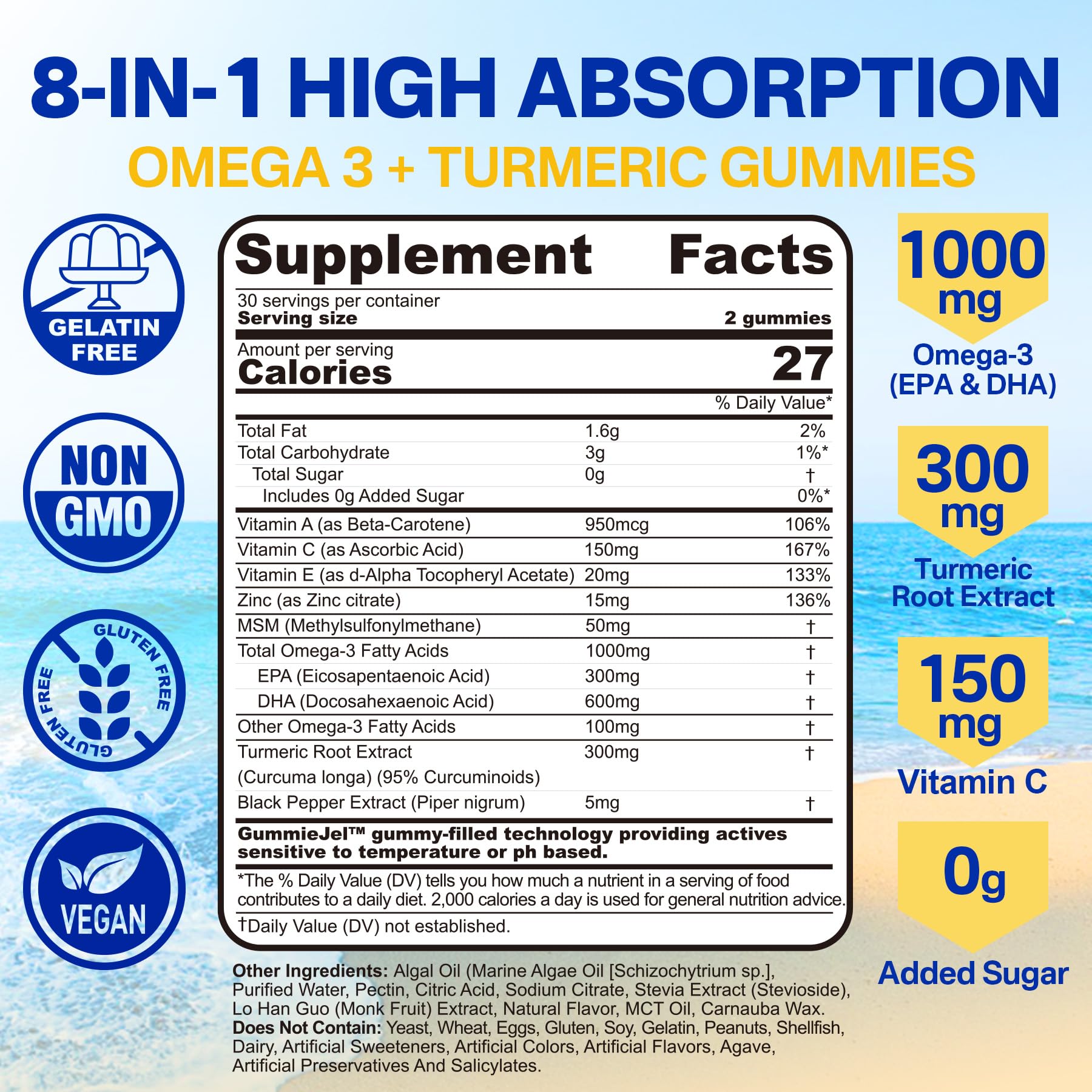 Vegan Omega-3 Gummies 1000mg + Turmeric - Omega 3 Fish Oil Alternative for Adults - Algae DHA 600mg & EPA 300mg - Maple Wellness Supplements