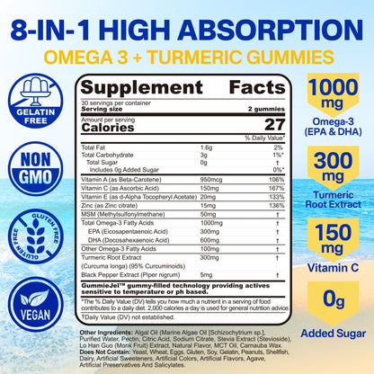 Vegan Omega-3 Gummies 1000mg + Turmeric - Omega 3 Fish Oil Alternative for Adults - Algae DHA 600mg & EPA 300mg - Maple Wellness Supplements