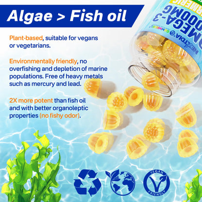 Vegan Omega-3 Gummies 1000mg + Turmeric - Omega 3 Fish Oil Alternative for Adults - Algae DHA 600mg & EPA 300mg - Maple Wellness Supplements