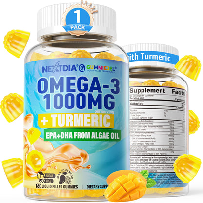 Vegan Omega-3 Gummies 1000mg + Turmeric - Omega 3 Fish Oil Alternative for Adults - Algae DHA 600mg & EPA 300mg - Maple Wellness Supplements