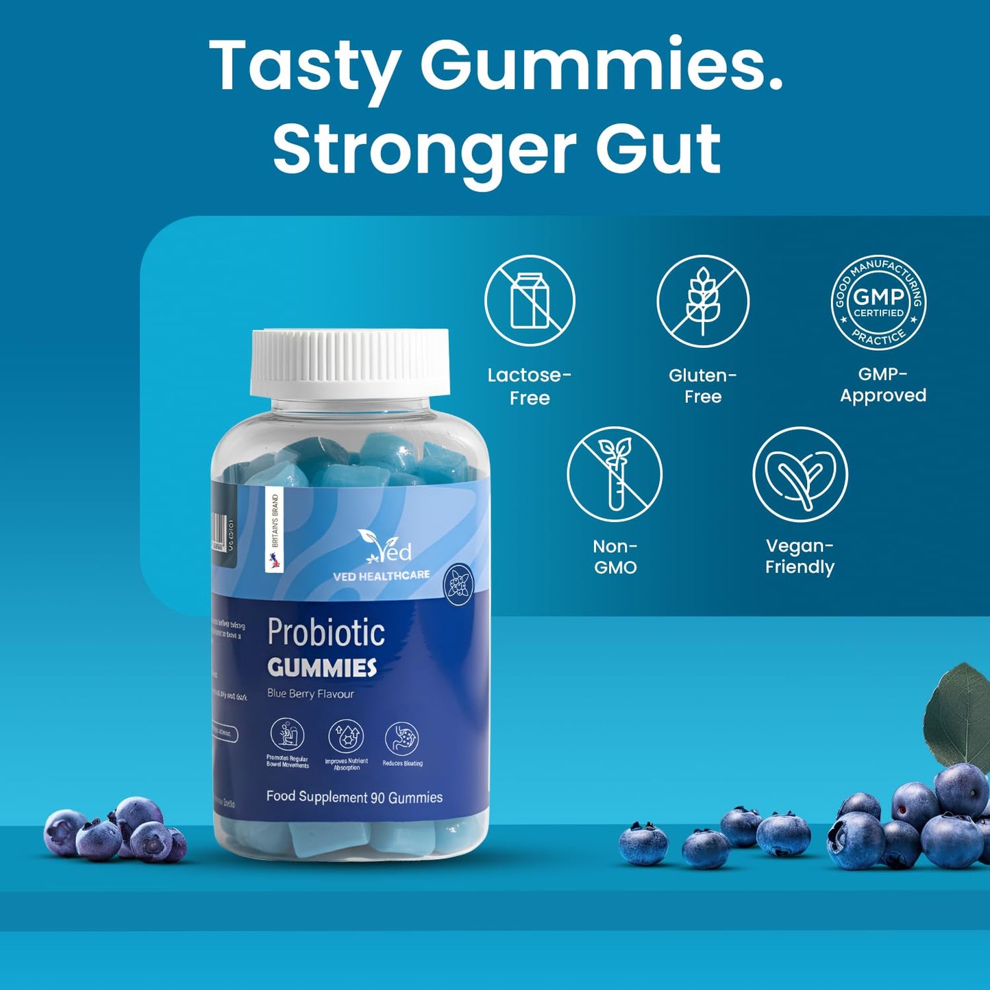 Vegan Probiotic Gummies with Prebiotics, Blueberry Flavour, 2 Gummies Daily (90 Count), 45 Days Supply, Non-GMO, Gluten Free, - Maple Wellness Supplements