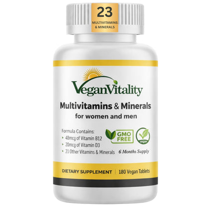 Vegan Vitality Multivitamins & Minerals for Women and Men with High Strength Vitamin B12, D3 & K2. 180 Vegan Multivitamin Tablets - 6 Months Supply - Maple Wellness Supplements