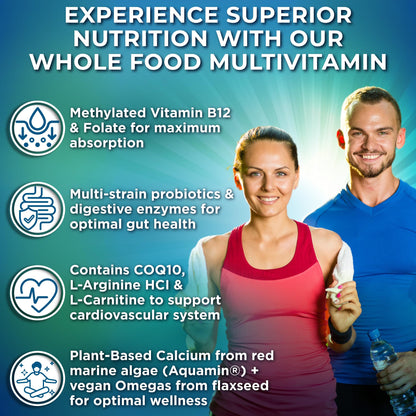 Vegan Whole Food Daily Multivitamin with Iron, Methylated Multivitamin for Women and Men, Made with Fruits & Vegetables, B-Complex, Probiotics, Enzymes - Maple Wellness Supplements