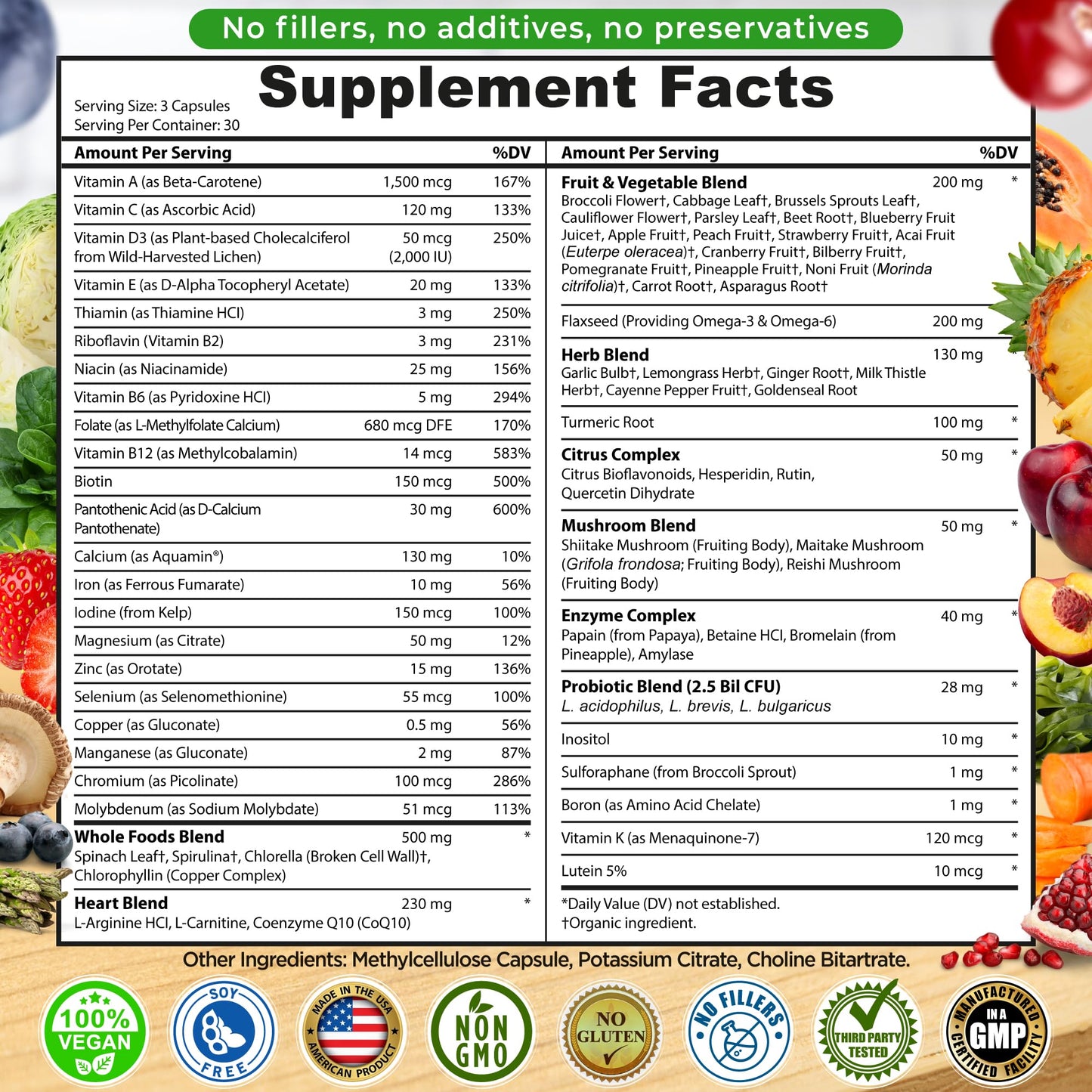 Vegan Whole Food Daily Multivitamin with Iron, Methylated Multivitamin for Women and Men, Made with Fruits & Vegetables, B-Complex, Probiotics, Enzymes - Maple Wellness Supplements