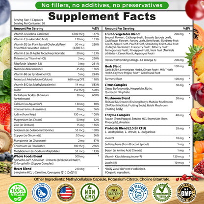 Vegan Whole Food Daily Multivitamin with Iron, Methylated Multivitamin for Women and Men, Made with Fruits & Vegetables, B-Complex, Probiotics, Enzymes - Maple Wellness Supplements