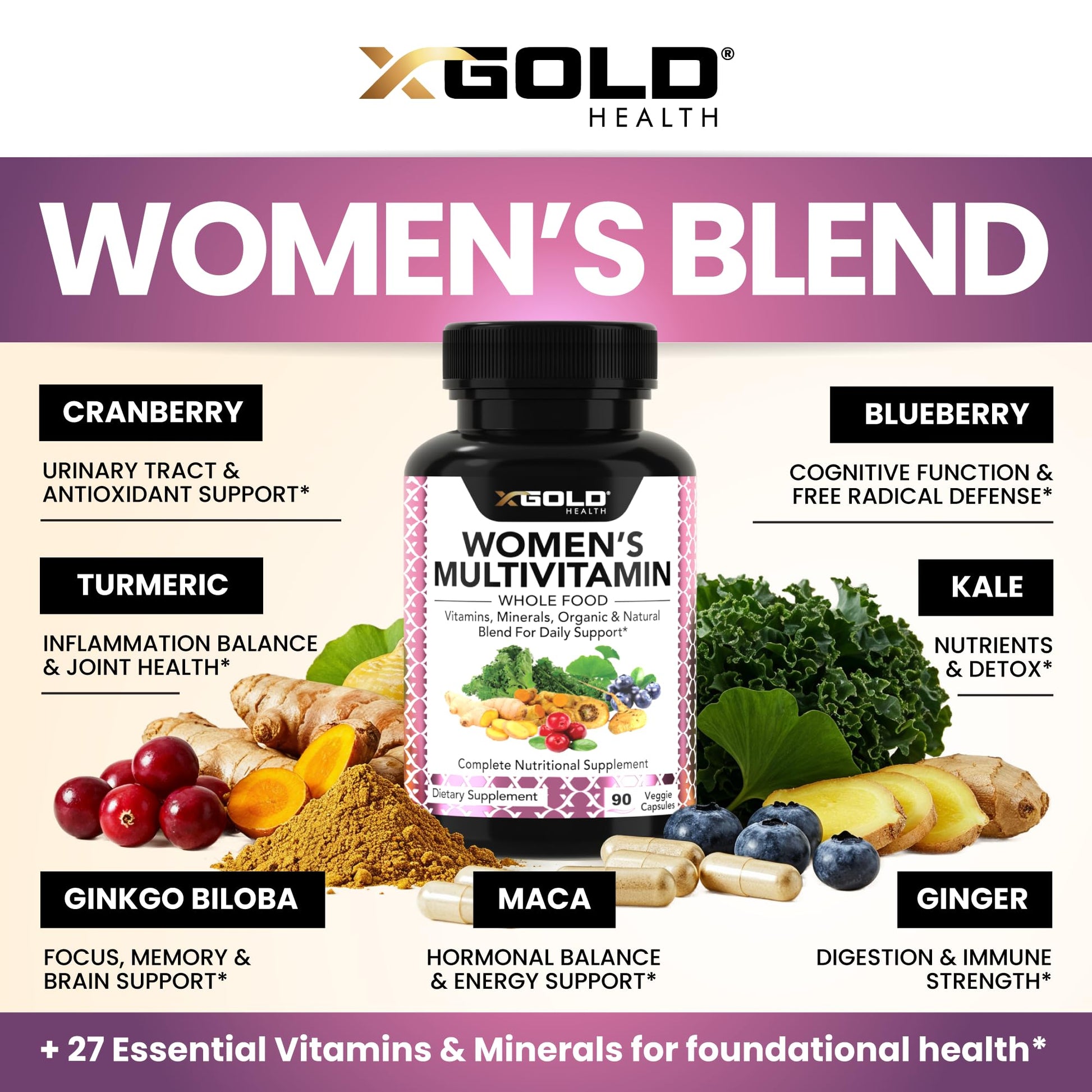 Vegan Women's Daily Multivitamin 50 Plus with Organic WholeFood Based Natural Ingredients, Ginger, Maca, Multi-Vitamin B Complex & More - Maple Wellness Supplements